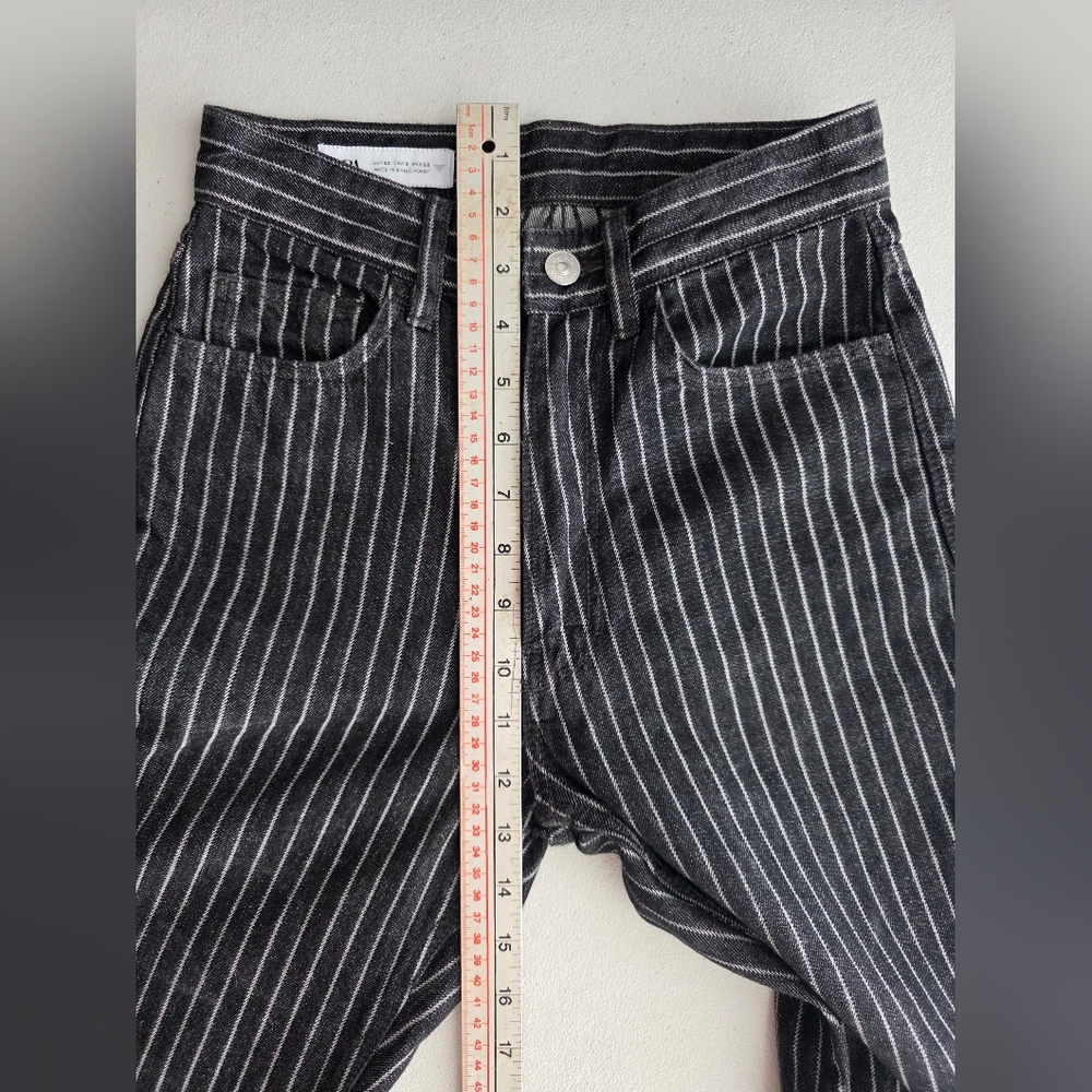 Zara High Rise Pinstripe Flare Jeans Black White Striped Wide Leg Retro Goth - Picture 9 of 12